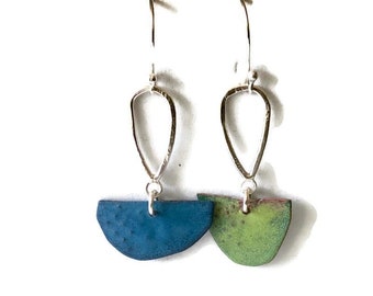 Mismatched Enameled Earrings | Silver Drop  with Blue and Green Enamel | Asymmetrical Dangles