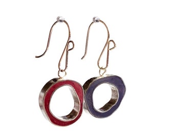 Chunky Colorful Hoops • Reversible Resin/Silver Earrings • Mismatched Wonky Circles