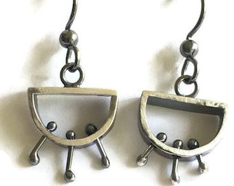 Kinetic Oxidized Earrings | Silver Semi-Circle Dangles | Wiggly Industrial Moving Earrings