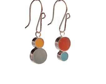 Reversible Mismatched Earrings  - Silver & Resin Dots -  2 in 1 Jewelry