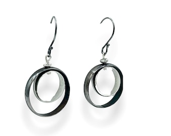 Kinetic Circles Earrings-Contrasting Silver Hoops-Spinning Rings Earrings Industrial Jewelry