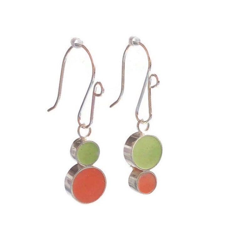 Stacked Dots Reversible Resin Silver Earrings Colorful Circles Orange/Green, Yellow/Turquoise Mismatched image 2
