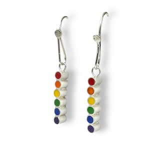 May include: Rainbow coloured dangle earrings with a silver hook and a row of small silver circles with coloured enamel. The colours are red, orange, yellow, green, blue, and purple.