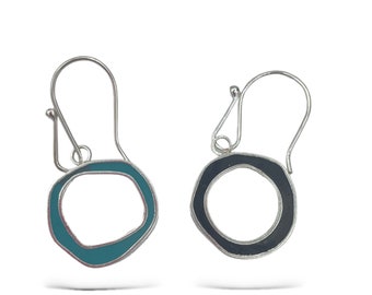 Organic Resin Hoops • Reversible Silver Earrings • Mismatched Circles Black Turquoise