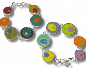 Pulsera reversible gruesa / Doble cara de plata y resina / Círculos de colores Joyería 2 en 1