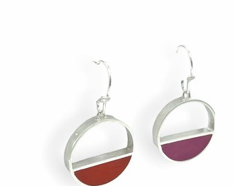 Reversible Half-Full Earrings - Silver & Resin Hoops - Reversible Mismatched Handcrafted Jewelry