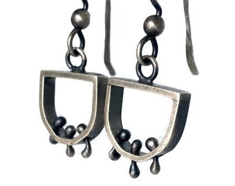 Kinetic Oxidized Earrings | Silver Semi-Circle Dangles | Wiggly Industrial Moving Earrings