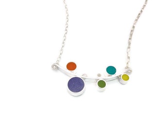 Reversible Silver Resin Necklace | Circles on a Bar | Multicolor Handmade Colorful/Black