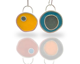 Reversible Mix and Match Earrings /Pendant Gift Set Silver Resin Colorful Double Sided Mismatched Convertible