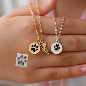 Pet Name Necklace With Wing, Actual Paw Print Necklace, Nose Print Necklace, Dog Paw Print Necklace, Gift For Pet Lover, Pet Memorial Gift