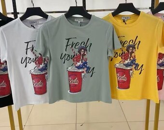 Rhinestone FRESH YOUR DAY Graphic Tee for Women – Sparkling T-Shirt with Trendy Soda Design