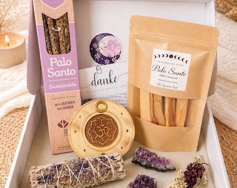 Incense Box 'Lavender Magic' | Palo Santo | Lavender Incense Sticks + Holder | White Sage with Lavender Blossoms | Amethyst Geodes
