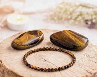 Tiger's Eye Bracelet Set • Tiger's Eye Beaded Bracelet + 2 Tiger's Eye Tumbled Stones • Gift Set