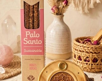 Palo Santo & Rose Petal Incense Sticks from Sagrada Madre + beautiful wooden holder with 'Om' symbol from India