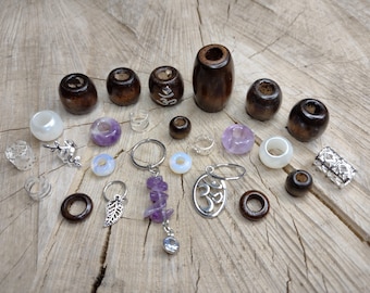 Dreadlock bead set with 25 pretty pieces of jewelry | Amethyst, wood, opal & silver | Plastic-free shipping