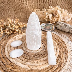 Selenit Set | Selenit Turm, Stab & 2 Palmensteine für Klarheit, Harmonie und hohe Schwingungen