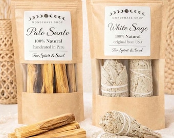 Palo Santo original aus Peru & weißer Salbei Bündel + weißer Salbei Stick aus Handernte in Kalifornien | Räucherset