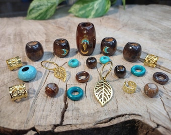 Dreadlock bead set with 22 pretty pieces of jewelry | Turquoise, wood & gold | Plastic-free shipping