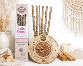Palo Santo & Olibano Frankincense | Sagrada Madre Incense Stick Set with OM Symbol Holder | Mini Incense Set