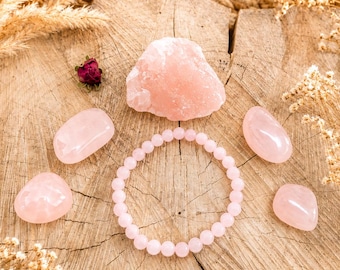 Rose Quartz Bracelet 8 mm & Rose Quartz Tumbled Stone + Raw Stone in Set