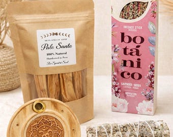 Incense Set 'Sacred Energy' | Palo Santo Sticks | White Sage with Lavender | Botanico Incense Sticks + Holder | Rose Quartz & Amethyst Set