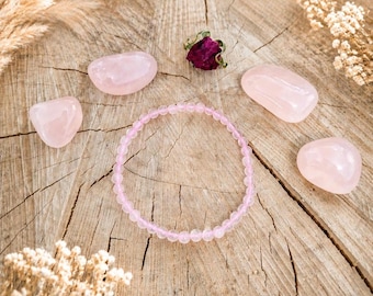 Rose quartz bracelet 4 mm + 4 beautiful tumbled stones from Brazil in A-quality
