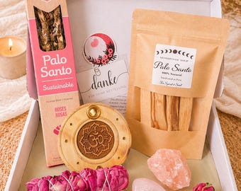 "Magic Rose" Incense Box | Palo Santo | Natural Rose Incense Sticks + Holder | Raw Rose Quartz + Tumbled Stone | White Sage Rose Petals