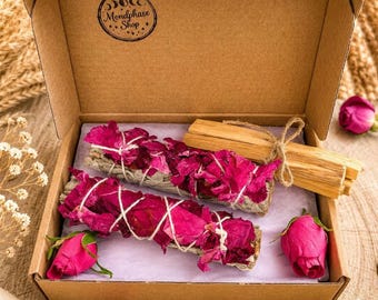 White sage with wild-harvested rose petals & palo santo sticks in a set