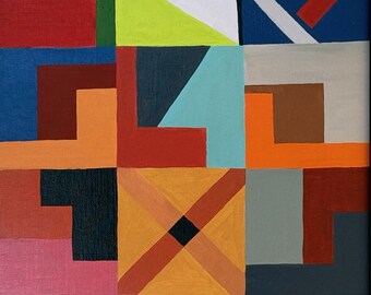 幾何学的抽象アクリル画：額入りキャンバスに描かれたモダンな波線