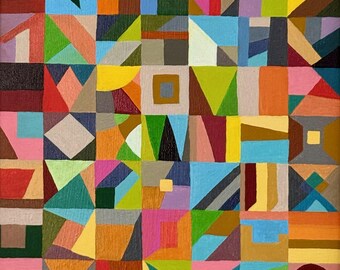 幾何学的抽象アクリル画：額入りキャンバスに描かれたモダンな波線