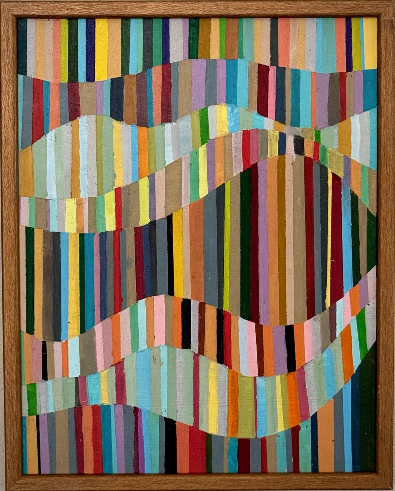 幾何学的抽象アクリル画：額入りキャンバスに描かれたモダンな波線