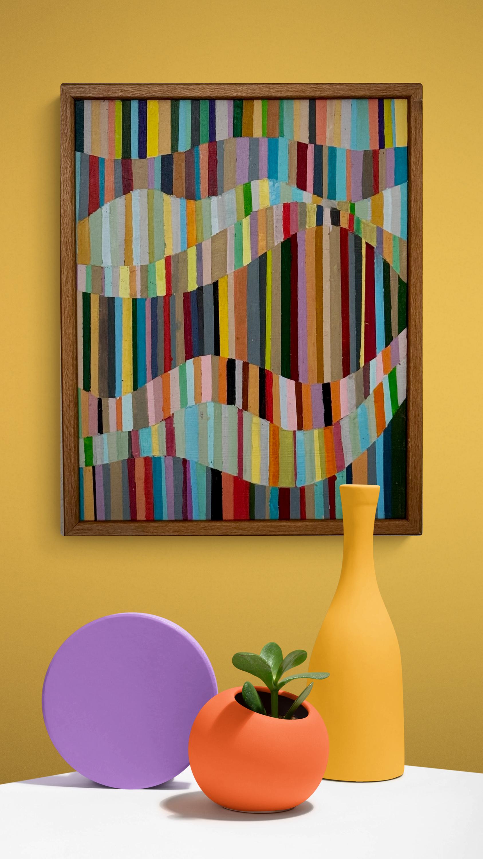 幾何学的抽象アクリル画：額入りキャンバスに描かれたモダンな波線