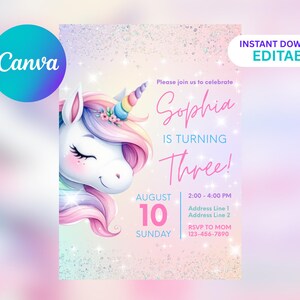 Invito di compleanno arcobaleno scintillante / Invito per festa unicorno magico / Modello digitale modificabile / Tema glitter pastello / Download immediato