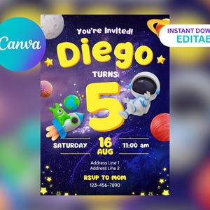 Space Birthday Invitation: Galaxy Rocket Party, Editable Template (Digital Download)