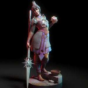 May include: A fantasy figurine of a female warrior wearing a crown, chainmail armor, and a purple skirt. She holds a spear in one hand and a glowing orb in the other.
