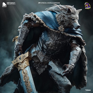 May include: A detailed, silver and gold, fantasy-style, wolf-like creature figurine wearing armor and a blue cape. The figurine is holding a sword with a gold hilt and a blue blade.