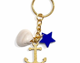 Nautical Shell Keychain with Blue Star Gold Anchor Coastal Charm Gift