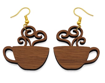 Walnut Wood Coffee Cup Earrings – Laser Cut Coffee Lover Gift
