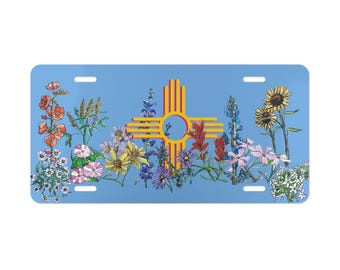 Zia Symbol Light Blue License Plate: New Mexico Wildflower Watercolor Art