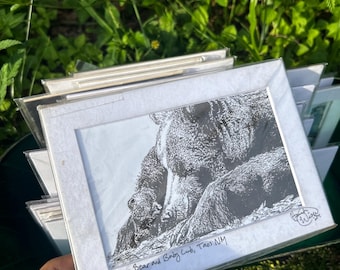 Mama Bear Baby Cub Pen Sketch Print, Hand-Signed Wildlife Art