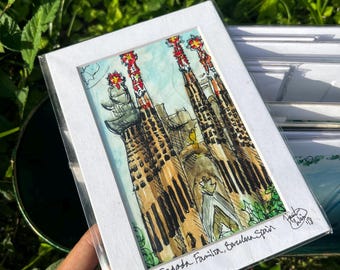 la Sagrada Família, Pen and Watercolor Drawing: Matted Art Prints in Multiple Sizes