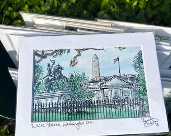 The White House, Pen and Watercolor Drawing: Matted Art Prints in Multiple Sizes