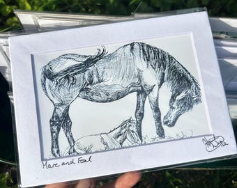 Mare and Foal, Black and White Pen Sketch: Matted Art Prints in Multiple Sizes