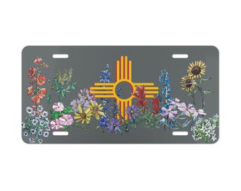 Zia Symbol Dark Grey License Plate: New Mexico Wildflower Watercolor Art
