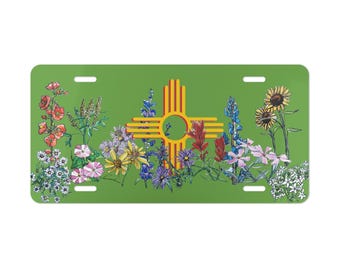 Zia Symbol Lime License Plate: New Mexico Wildflower Watercolor Art