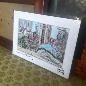 The Chicago Bean, Pen and Watercolor Drawing: Matted Art Prints in Multiple Sizes