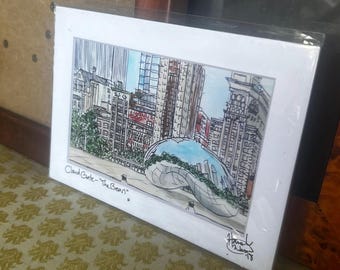 The Chicago Bean, Pen and Watercolor Drawing: Matted Art Prints in Multiple Sizes