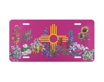 Zia Symbol Magenta License Plate: New Mexico Wildflower Watercolor Art
