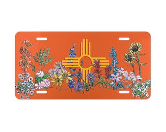 Zia Symbol Orange License Plate: New Mexico Wildflower Watercolor Art
