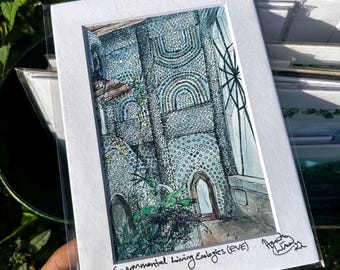Environmental Village Ecologies (EVE) in Taos NM, Pen Watercolor Art Print, Matted Drawing